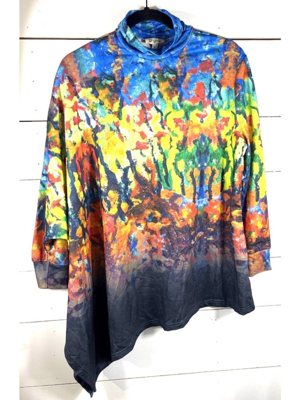 Abstract Floral Tunic Top With Asymmetrical Hem & Mock Neck By Ursime - Size Sma